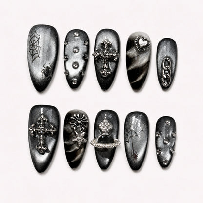 Silver Seance black silver medium almond press-on nails with gothic charms