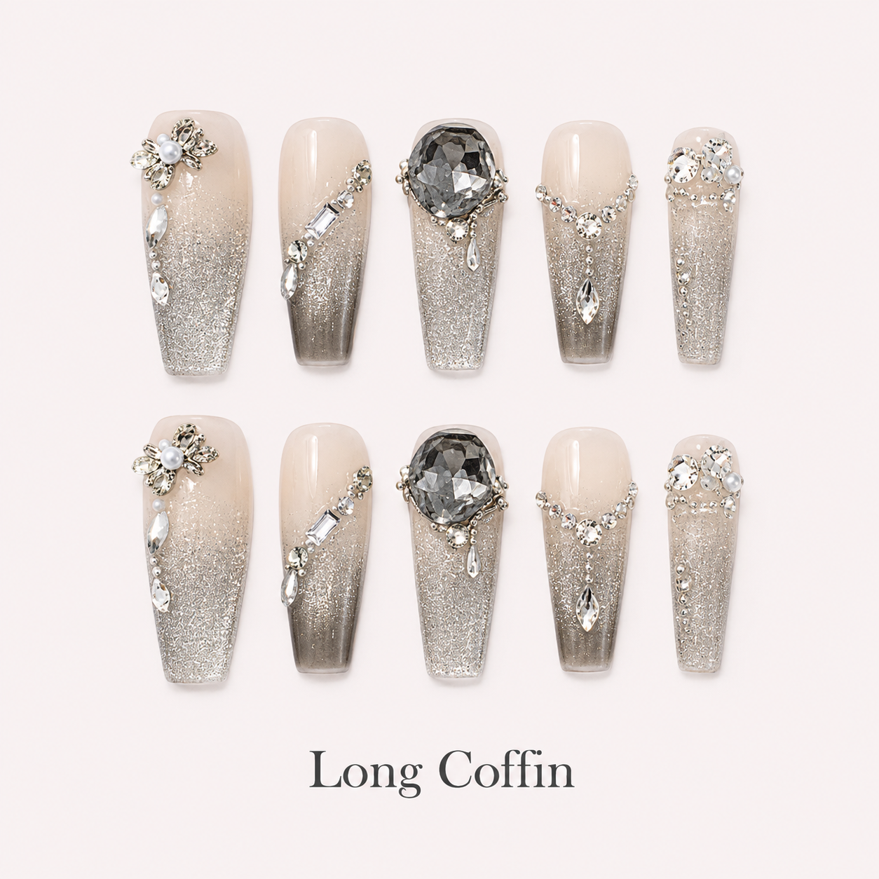 Smoky Diadem Long Coffin press-on nails with silver glitter, floral crystals and a smoky grey statement gem