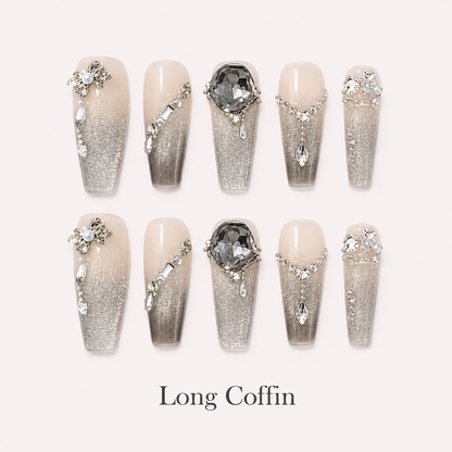Smoky Diadem Long Coffin press-on nails with silver glitter, floral crystals and a smoky grey statement gem