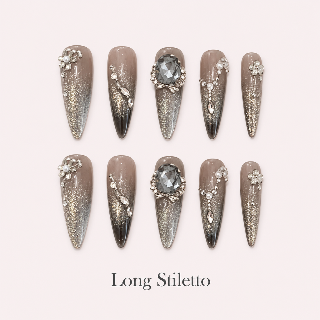 Smoky Diadem Long Stiletto press-on nails with smoky taupe, silver glitter and faceted grey crystals
