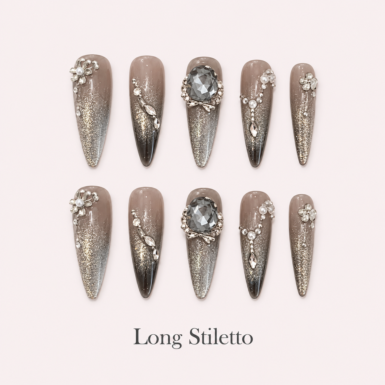 Smoky Diadem Long Stiletto press-on nails with smoky taupe, silver glitter and faceted grey crystals