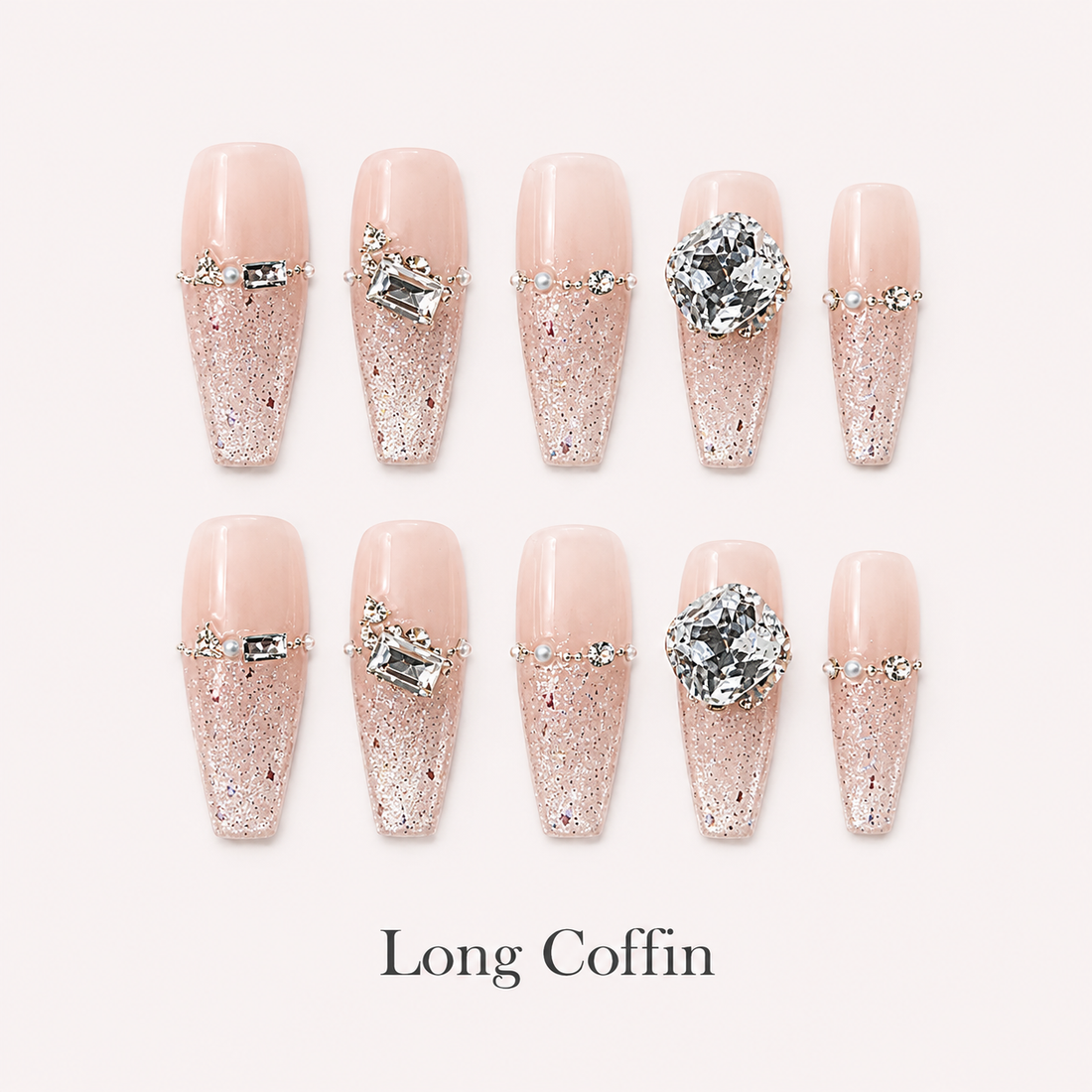 Starlit Blush Long Coffin handmade press-on nails with blush glitter and clear crystal accents