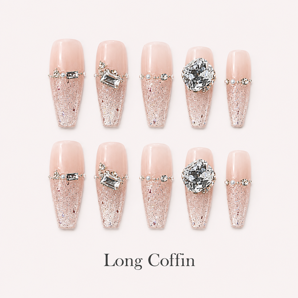 Starlit Blush Long Coffin handmade press-on nails with blush glitter and clear crystal accents