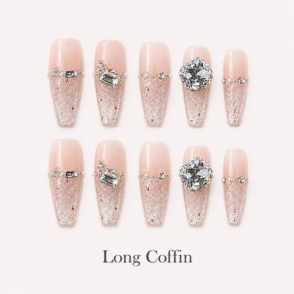 Starlit Blush Long Coffin handmade press-on nails with blush glitter and clear crystal accents