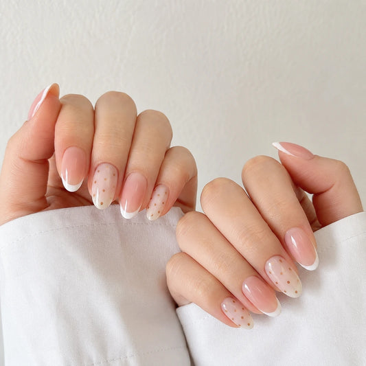 Sunday Confetti short almond french tip nude pink white and brown press-on nails by Matchy Nails