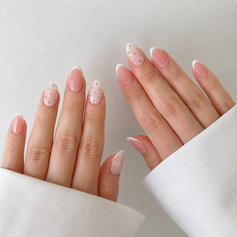 Sunday Confetti short almond french tip nude pink white and brown press-on nails by Matchy Nails