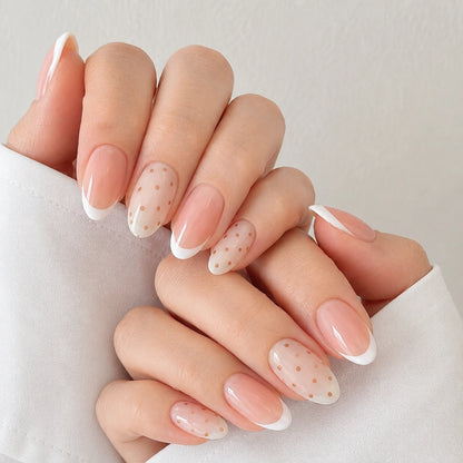 Sunday Confetti short almond french tip nude pink white and brown press-on nails by Matchy Nails