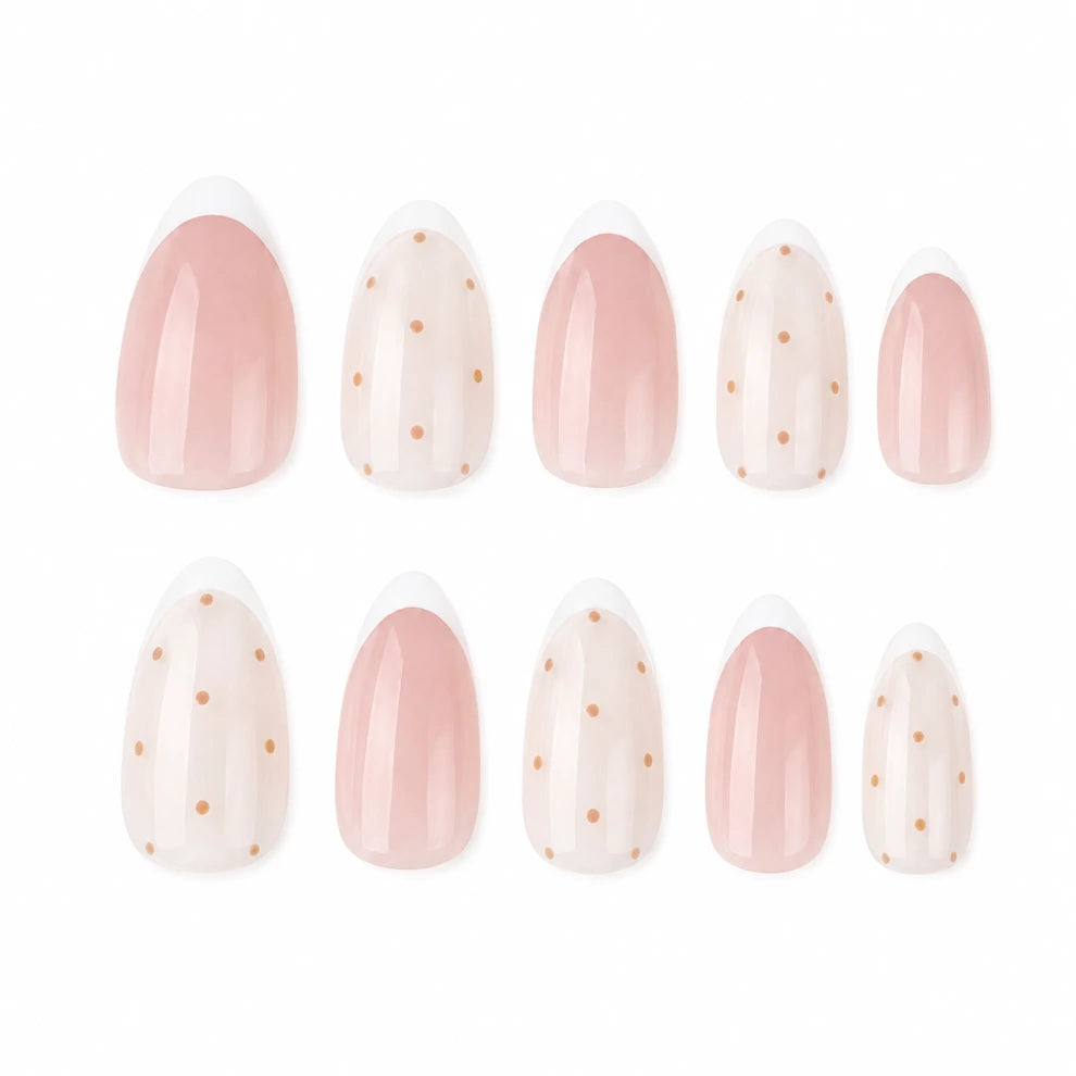 Sunday Confetti short almond french tip nude pink white and brown press-on nails by Matchy Nails