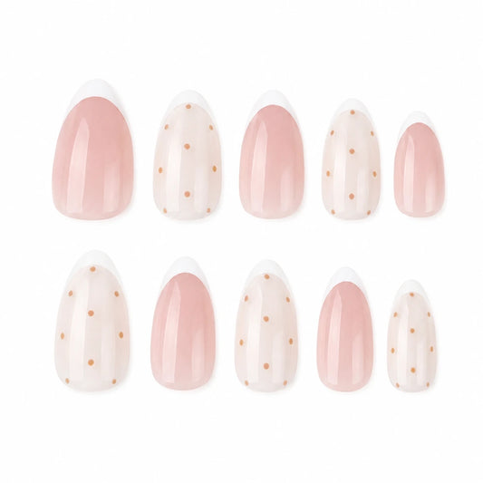 Sunday Confetti short almond french tip nude pink white and brown press-on nails by Matchy Nails