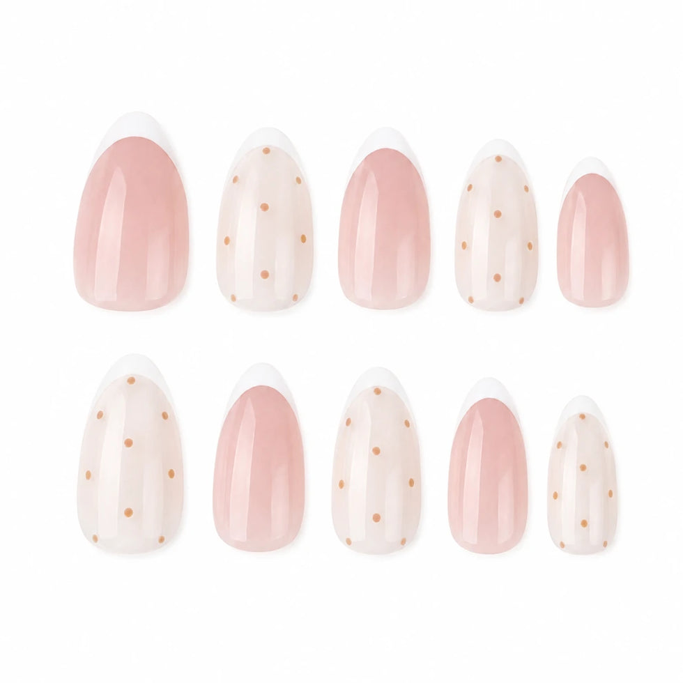 Sunday Confetti short almond french tip nude pink white and brown press-on nails by Matchy Nails