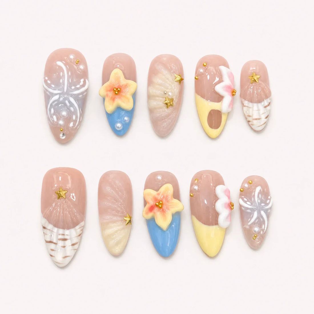 Sunlit Lagoon medium almond press-on nails in nude, yellow and blue with 3D flowers and shell details