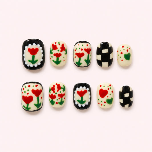 Tulip Picnic short square press-on nails on a white background.