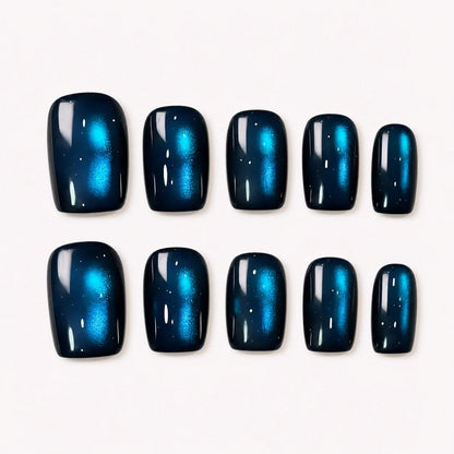 Twin Nebula blue cat eye short square press-on nails