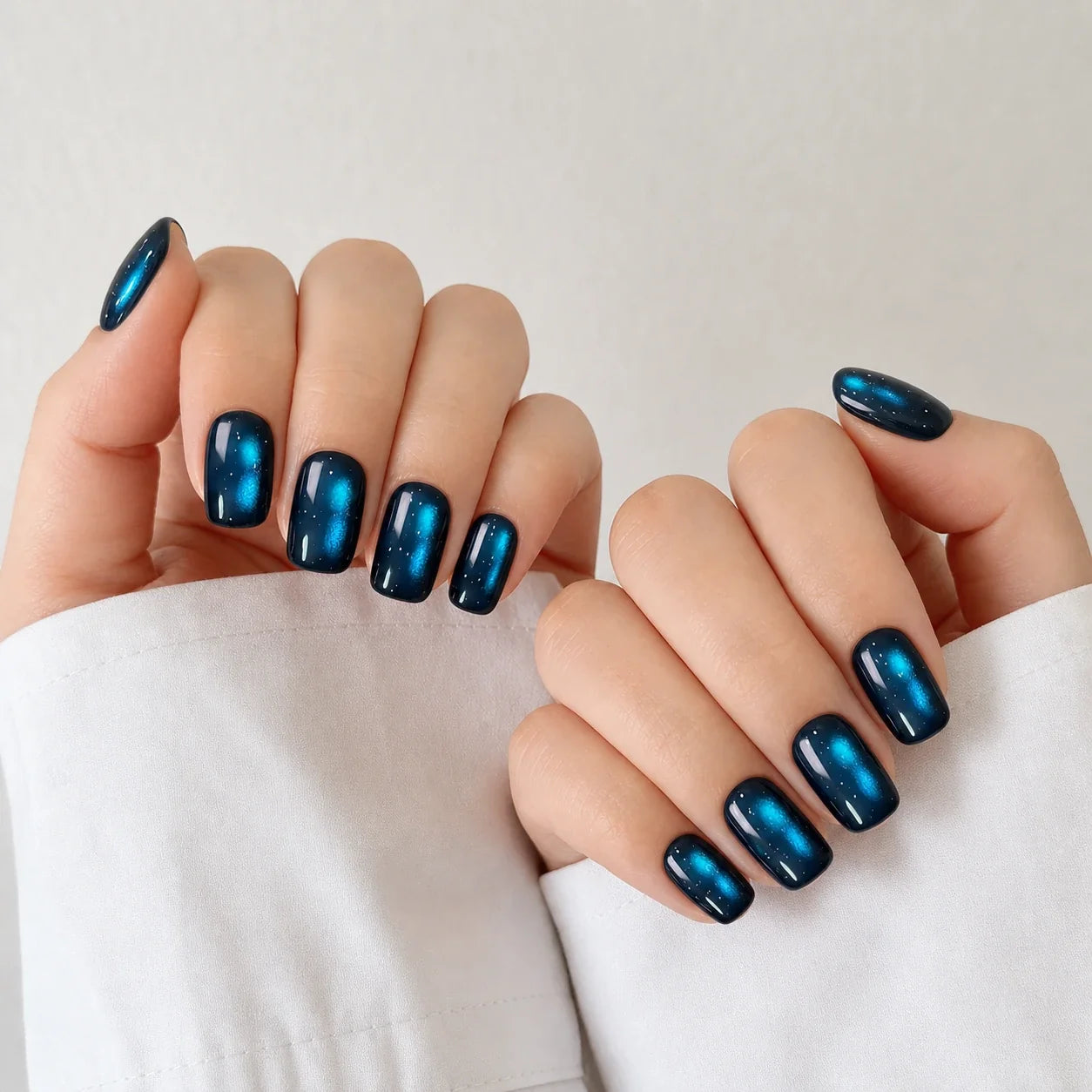 Twin Nebula cosmic manicure on two softly curled hands