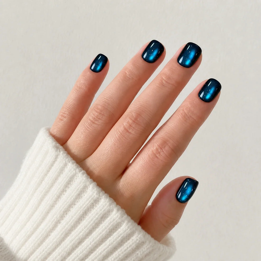 Twin Nebula navy galaxy nails on one open hand