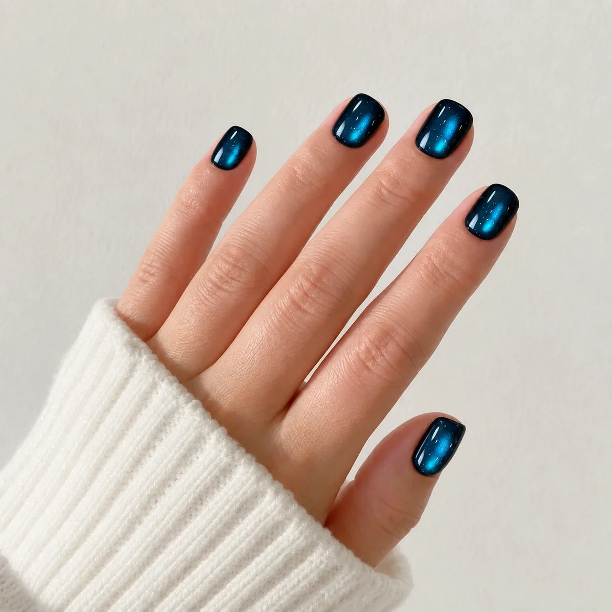 Twin Nebula navy galaxy nails on one open hand