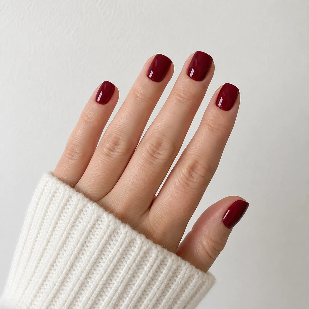 Velvet Merlot glossy wine red short square press-on nails shown on an open hand