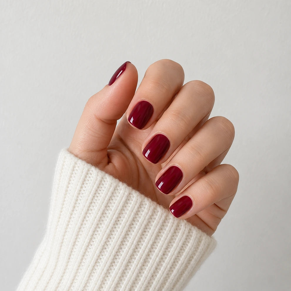 Velvet Merlot short square burgundy press-on nails in an angled hand view