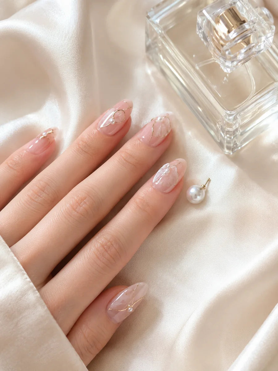 Elegant Matchy Nails press-on nails with glossy artistic details and refined feminine design