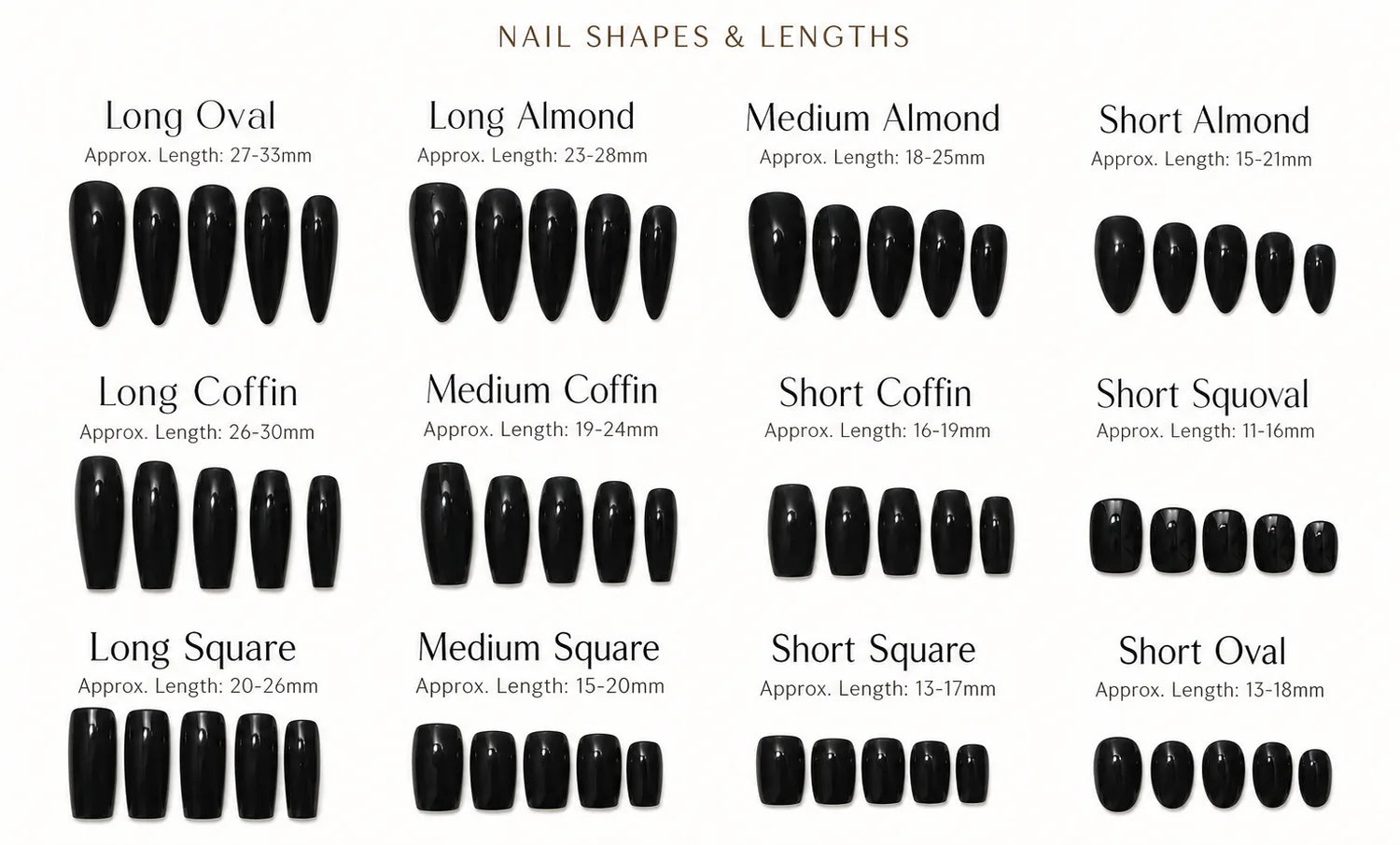 Press-on nail shape and length chart showing Long Oval 27-33mm, Long Almond 23-28mm, Medium Almond 18-25mm, Short Almond 15-21mm, Long Coffin 26-30mm, Medium Coffin 19-24mm, Short Coffin 16-19mm, Short Squoval 11-16mm, Long Square 20-26mm, Medium Square 15-20mm, Short Square 13-17mm, and Short Oval 13-18mm.